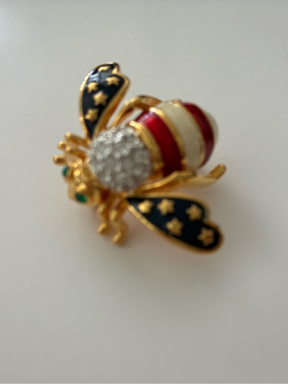 Gold-Tone Patriotic Bee Brooch with Red, White & Blue Enamel and rhinestones.